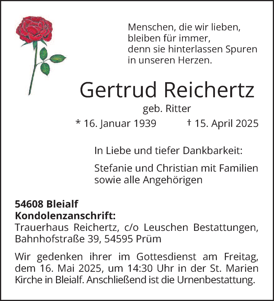  Traueranzeige für Gertrud Reichertz vom 03.05.2025 aus trierischer_volksfreund