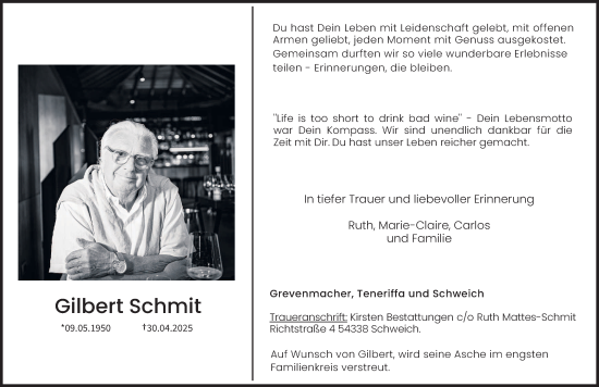 Traueranzeige von Gilbert Schmit von trierischer_volksfreund