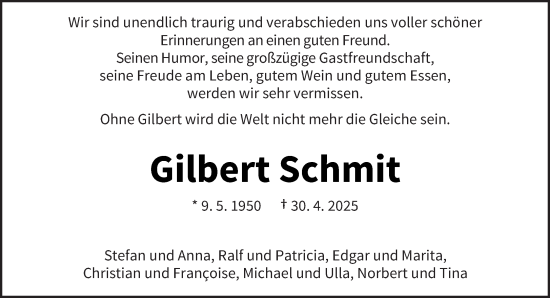 Traueranzeige von Gilbert Schmit von trierischer_volksfreund