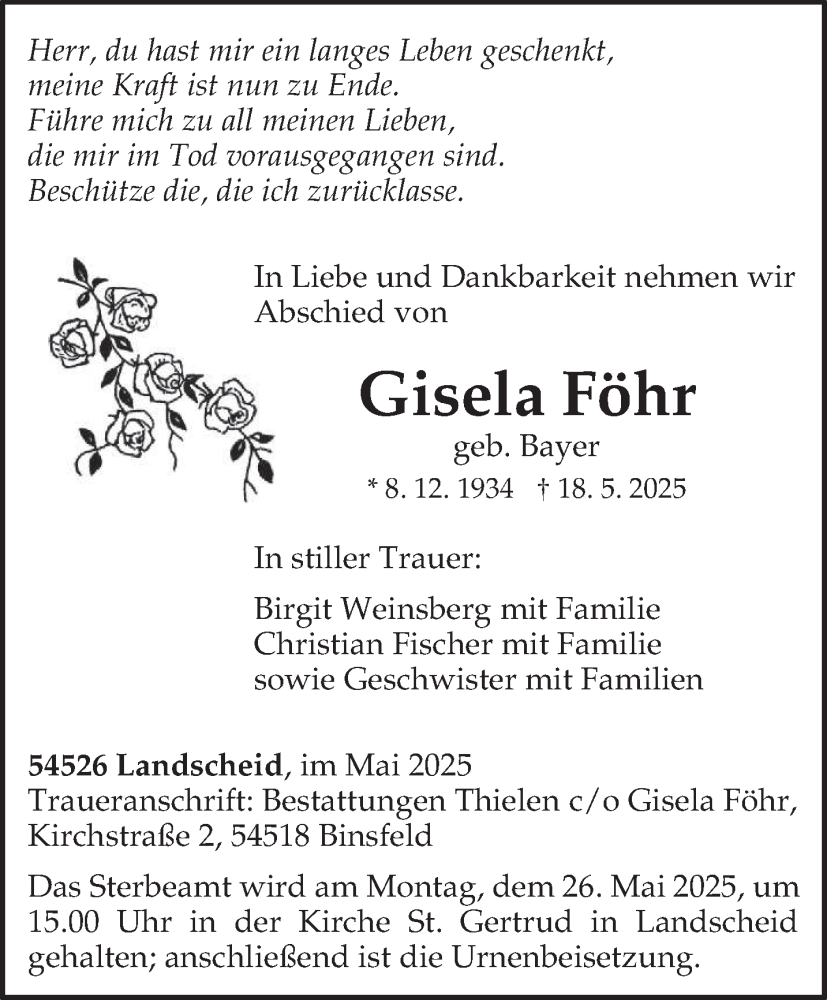  Traueranzeige für Gisela Föhr vom 21.05.2025 aus trierischer_volksfreund