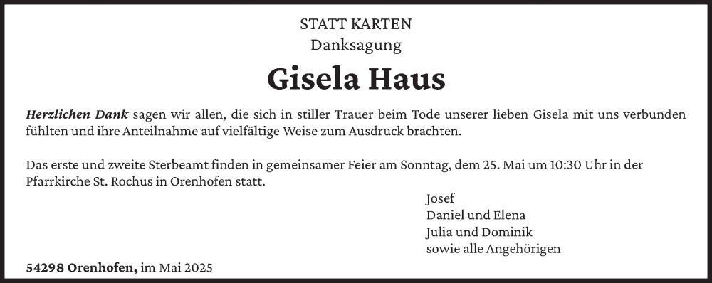  Traueranzeige für Gisela Haus vom 21.05.2025 aus trierischer_volksfreund