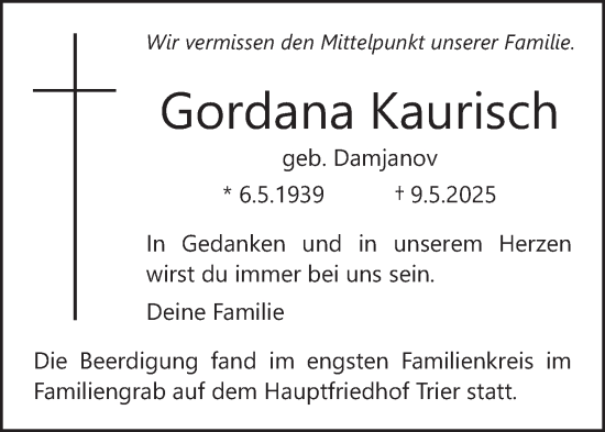 Traueranzeige von Gordana Kaurisch von trierischer_volksfreund