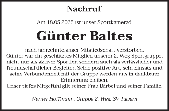 Traueranzeige von Günter Baltes von trierischer_volksfreund