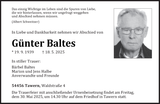 Traueranzeige von Günter Baltes von trierischer_volksfreund