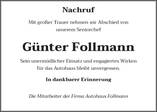 Traueranzeige von Günter Follmann von trierischer_volksfreund