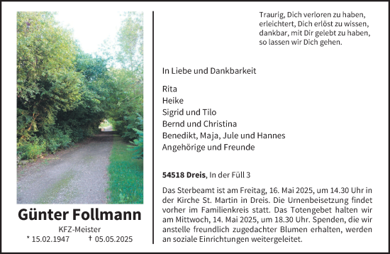 Traueranzeige von Günter Follmann von trierischer_volksfreund