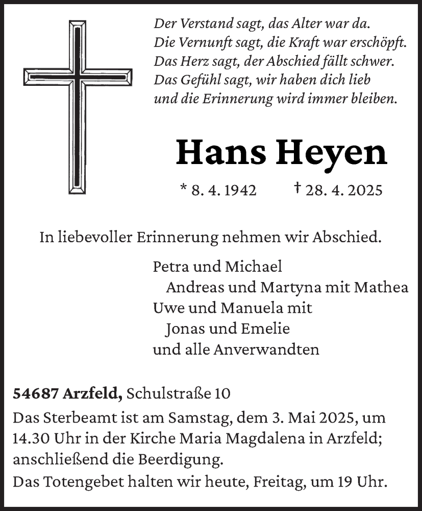  Traueranzeige für Hans Heyen vom 02.05.2025 aus trierischer_volksfreund