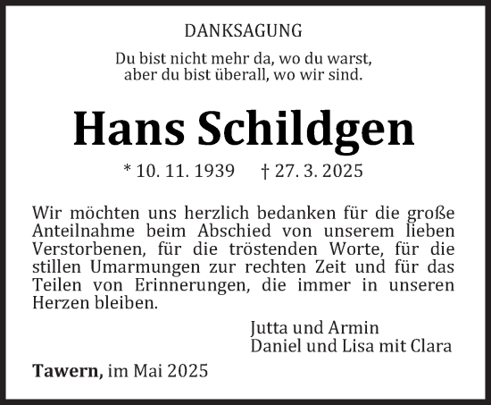 Traueranzeige von Hans Schildgen von trierischer_volksfreund