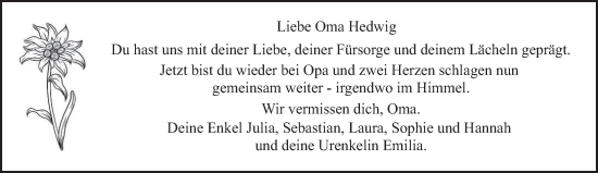 Traueranzeige von Hedwig  von trierischer_volksfreund