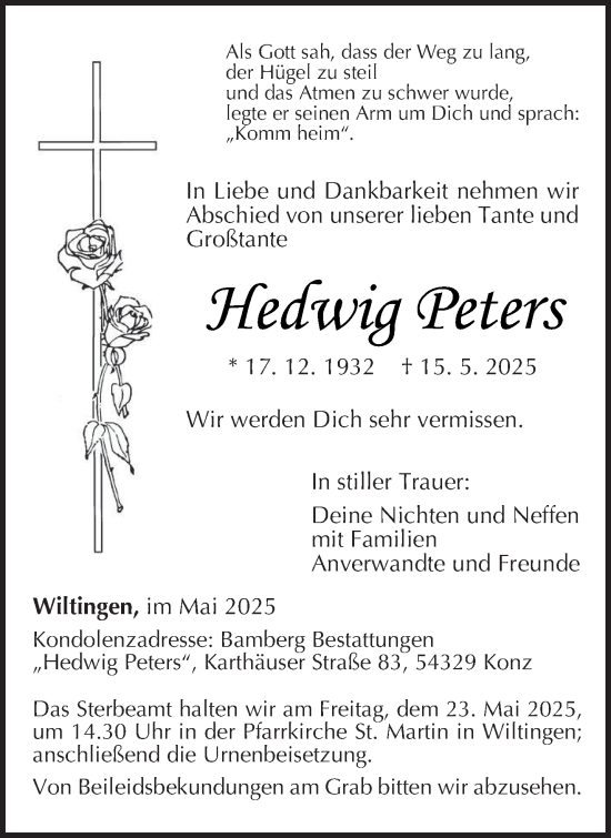 Traueranzeige von Hedwig Peters von trierischer_volksfreund