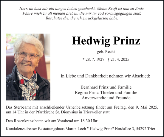 Traueranzeige von Hedwig Prinz von trierischer_volksfreund
