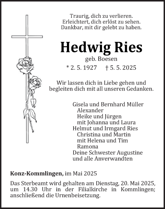 Traueranzeige von Hedwig Ries von trierischer_volksfreund
