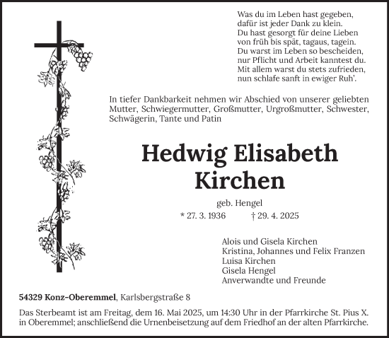 Traueranzeige von Hedwig Elisabeth Kirchen von trierischer_volksfreund