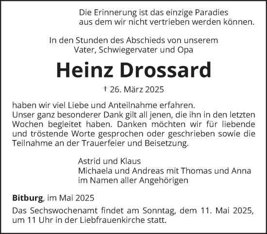 Traueranzeige von Heinz Drossard von trierischer_volksfreund