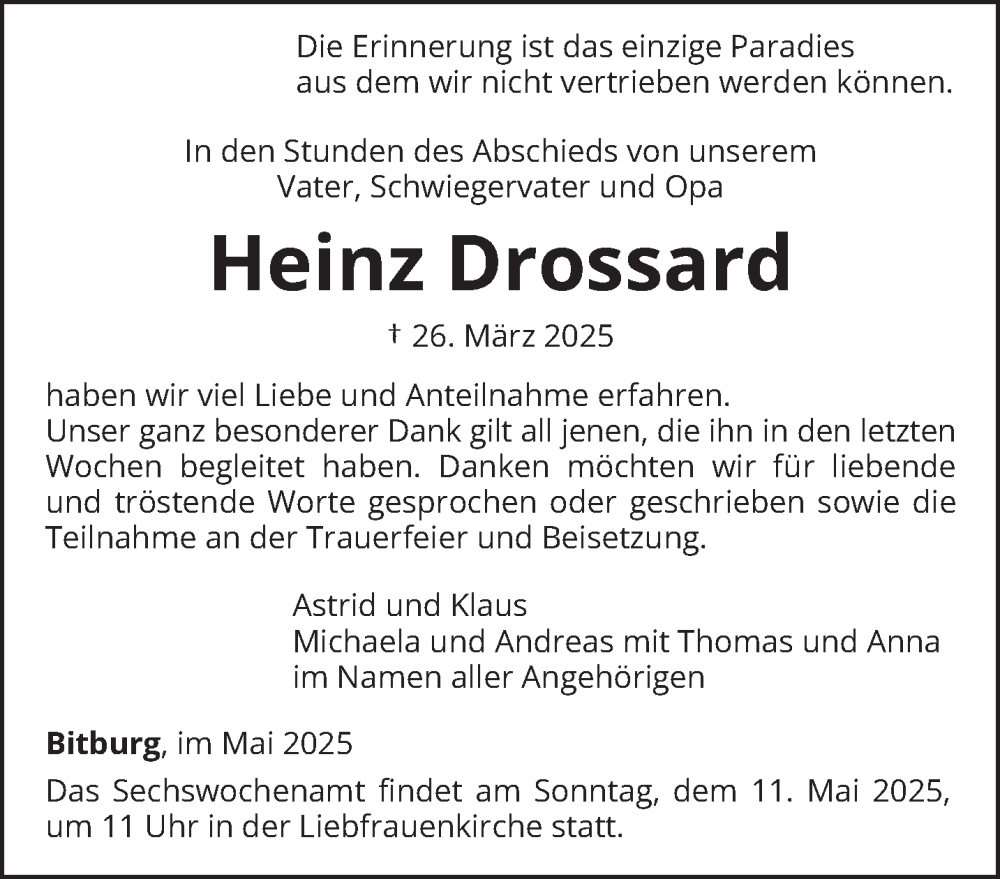  Traueranzeige für Heinz Drossard vom 03.05.2025 aus trierischer_volksfreund