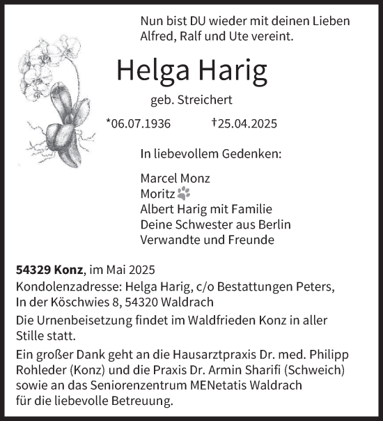 Traueranzeige von Helga Harig von trierischer_volksfreund