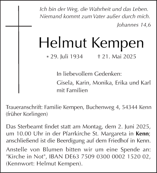 Traueranzeige von Helmut Kempen von trierischer_volksfreund