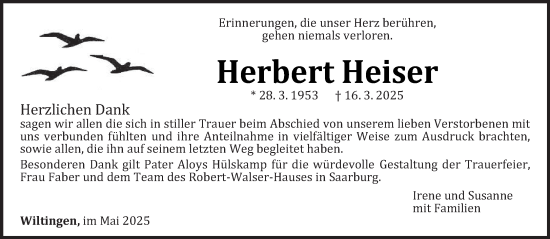 Traueranzeige von Herbert Heiser von trierischer_volksfreund