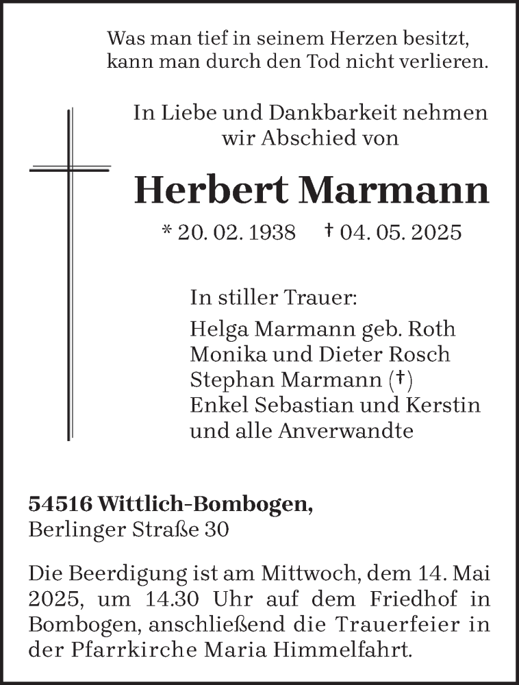 Traueranzeige für Herbert Marmann vom 10.05.2025 aus trierischer_volksfreund