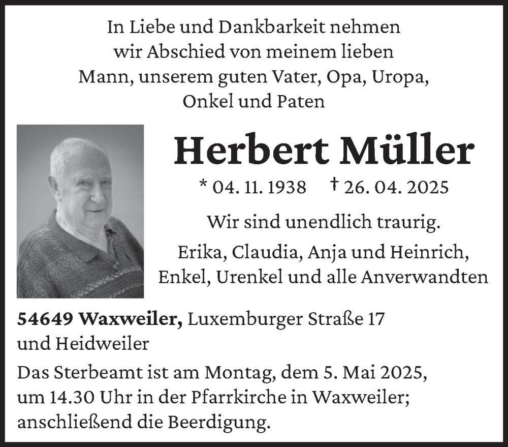  Traueranzeige für Herbert Müller vom 30.04.2025 aus trierischer_volksfreund