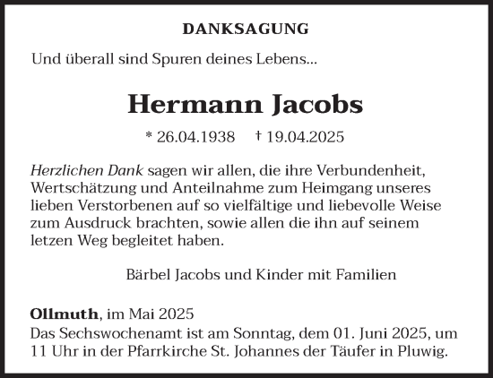 Traueranzeige von Hermann Jacobs von trierischer_volksfreund