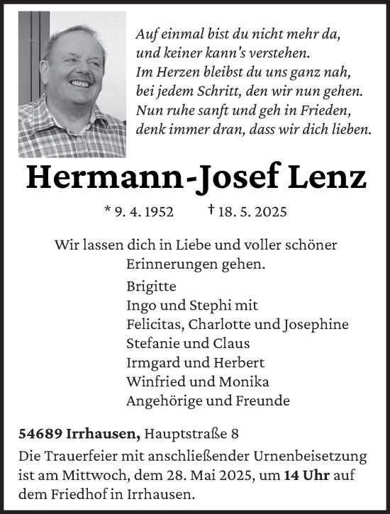 Traueranzeige von Hermann-Josef Lenz von trierischer_volksfreund