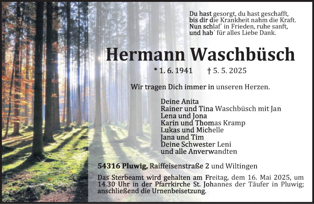  Traueranzeige für Hermann Waschbüsch vom 10.05.2025 aus trierischer_volksfreund