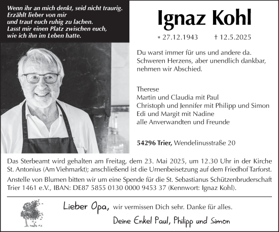 Traueranzeige von Ignaz Kohl von trierischer_volksfreund