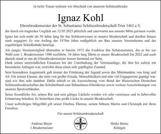 Traueranzeige von Ignaz Kohl von trierischer_volksfreund