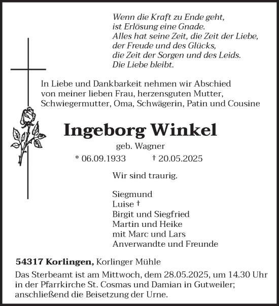 Traueranzeige von Ingeborg Winkel von trierischer_volksfreund