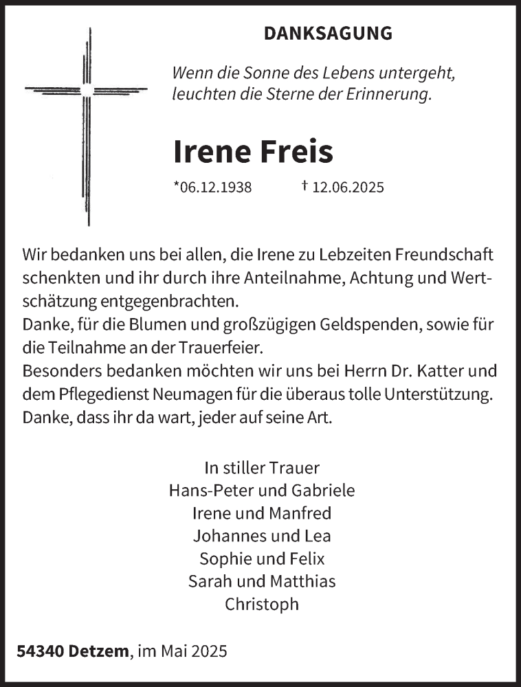  Traueranzeige für Irene Freis vom 10.05.2025 aus trierischer_volksfreund