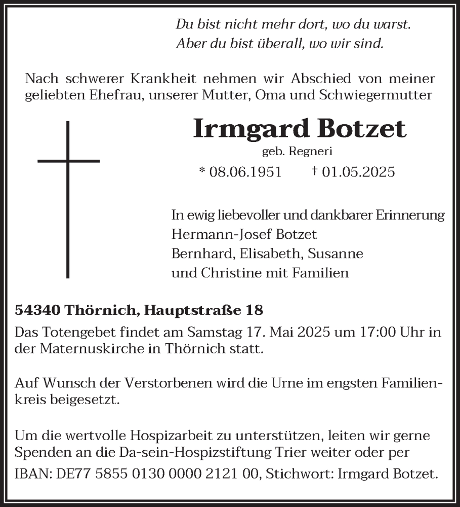  Traueranzeige für Irmgard Botzet vom 10.05.2025 aus trierischer_volksfreund
