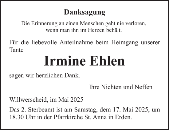 Traueranzeige von Irmine Ehlen von trierischer_volksfreund