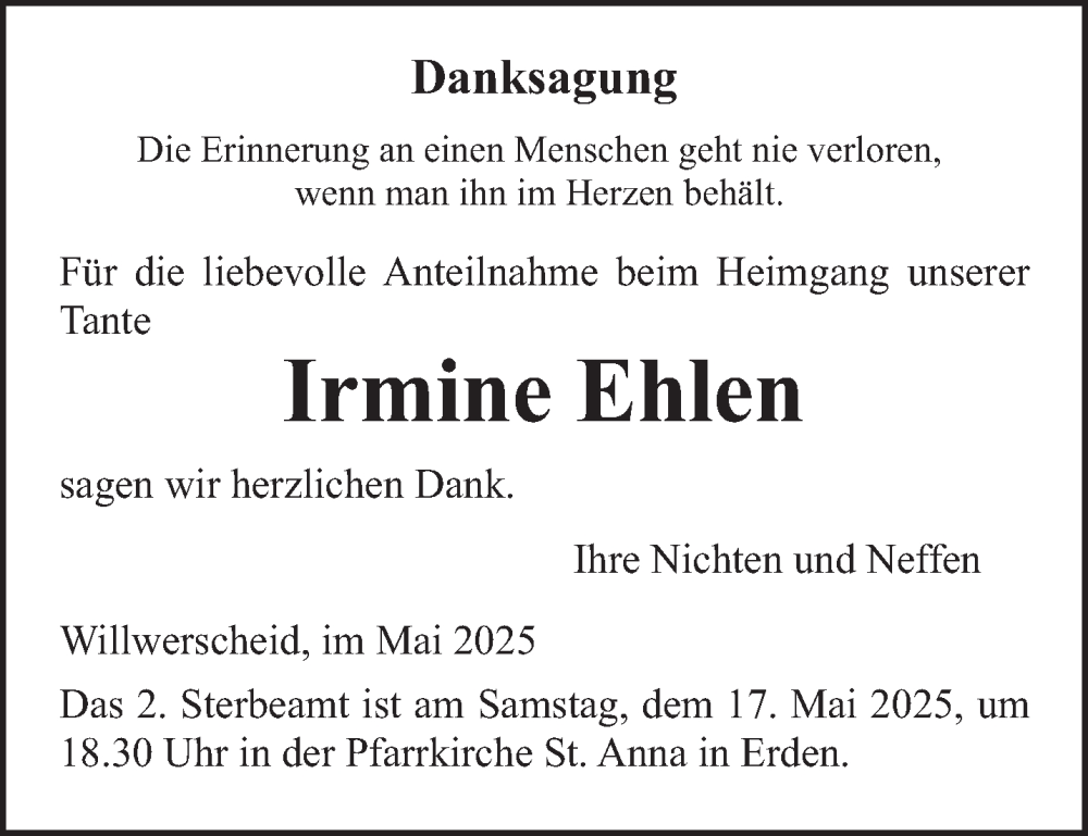  Traueranzeige für Irmine Ehlen vom 10.05.2025 aus trierischer_volksfreund