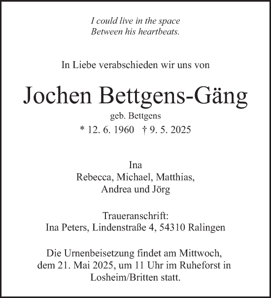 Traueranzeige von Jochen Bettgens-Gäng von trierischer_volksfreund