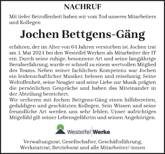 Traueranzeige von Jochen Bettgens-Gäng von trierischer_volksfreund
