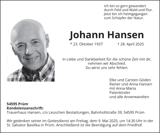 Traueranzeige von Johann Hansen von trierischer_volksfreund