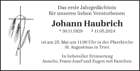 Traueranzeige von Johann Haubrich von trierischer_volksfreund