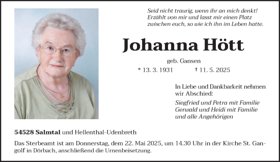 Traueranzeige von Johanna Hött von trierischer_volksfreund