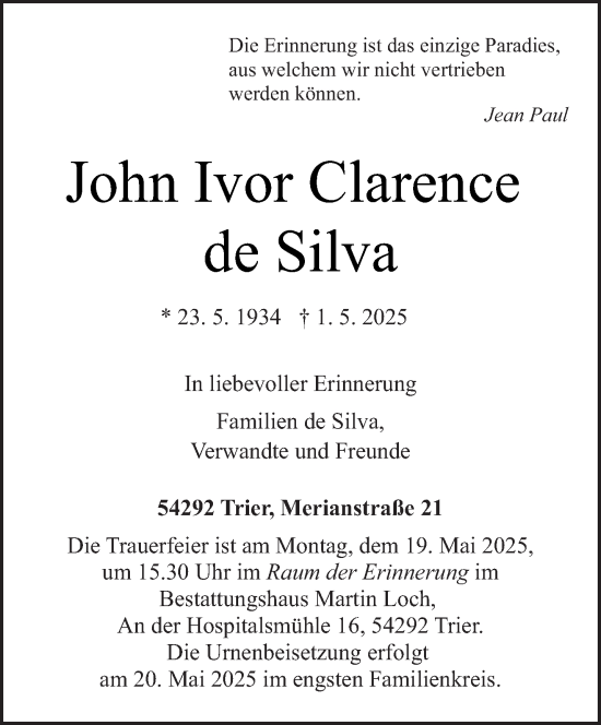 Traueranzeige von John Ivor Clarence de Silva von trierischer_volksfreund