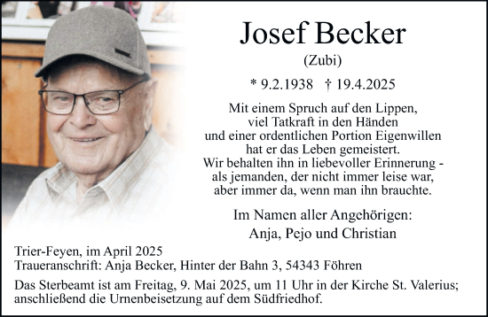 Traueranzeige von Josef Becker von trierischer_volksfreund