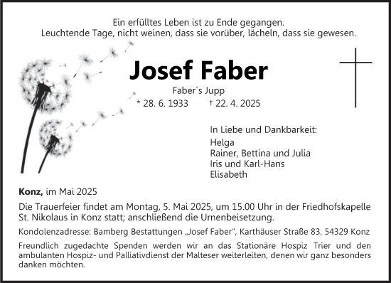 Traueranzeige von Josef Faber von trierischer_volksfreund