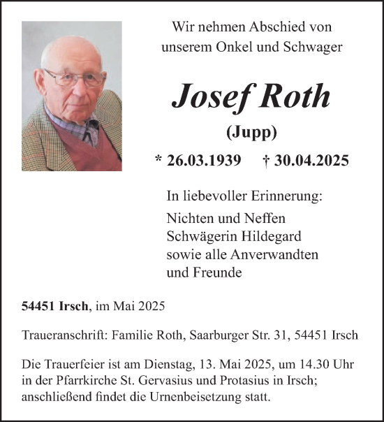 Traueranzeige von Josef Roth von trierischer_volksfreund