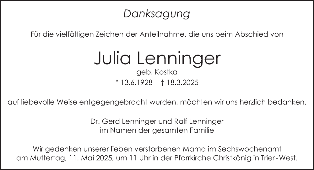  Traueranzeige für Julia Lenninger vom 08.05.2025 aus trierischer_volksfreund