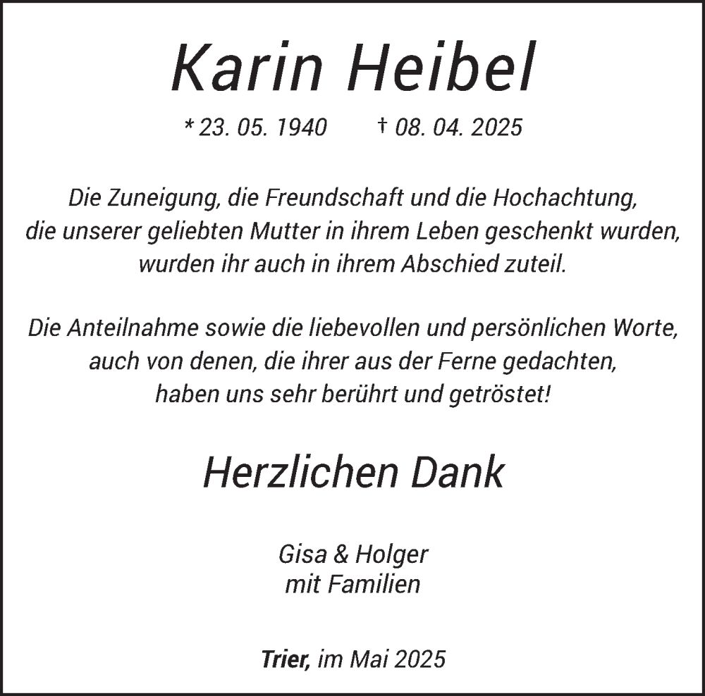  Traueranzeige für Karin Heibel vom 24.05.2025 aus trierischer_volksfreund