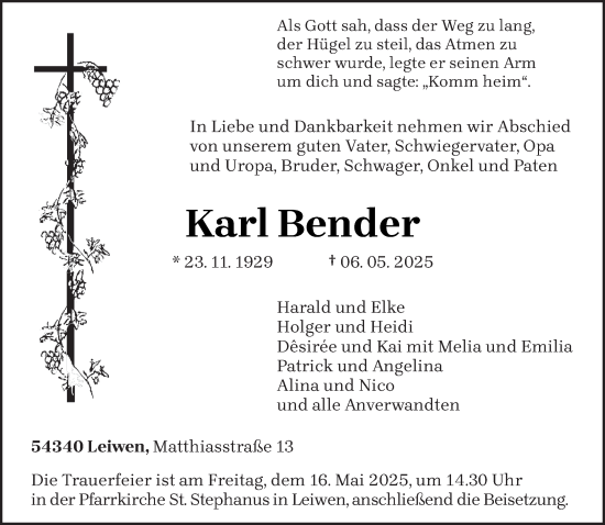 Traueranzeige von Karl Bender von trierischer_volksfreund