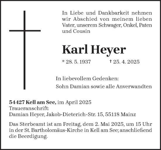 Traueranzeige von Karl Heyer von trierischer_volksfreund