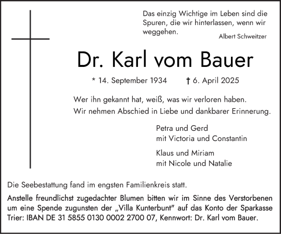 Traueranzeige von Dr. med. Karl-Hans vom Bauer von trierischer_volksfreund