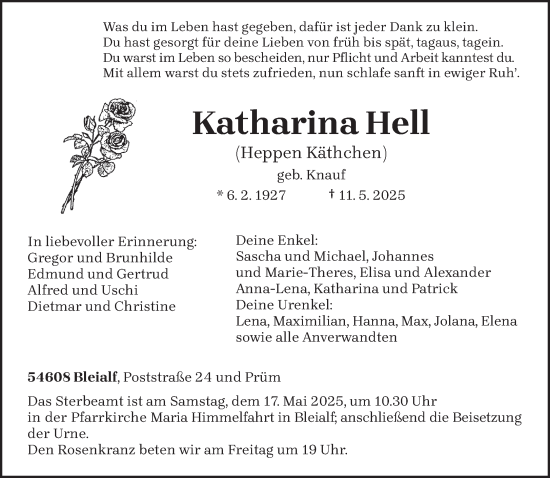 Traueranzeige von Katharina Hell von trierischer_volksfreund