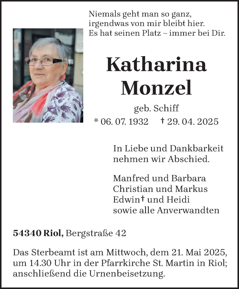  Traueranzeige für Katharina Monzel vom 17.05.2025 aus trierischer_volksfreund